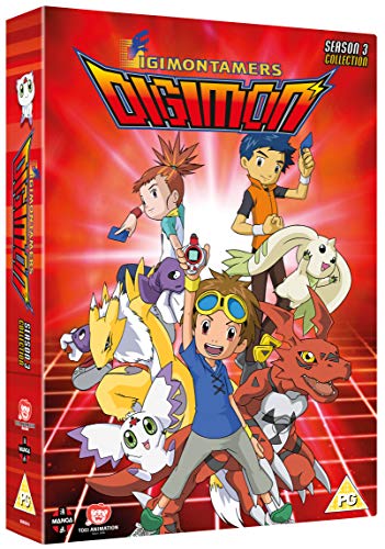 "Red DVD box featuring anime characters and 'Digimon' title on a grid background."