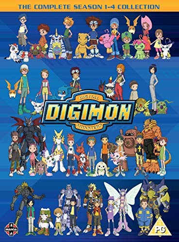 Digimon Seasons 1-4 DVD cover featuring a large group of anime characters and monsters.