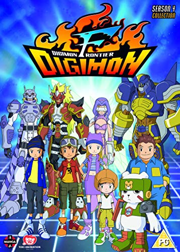 "Digimon Frontier DVD cover featuring cartoon characters and creatures against a blue background."