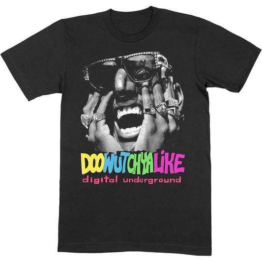 Black t-shirt featuring a graphic of a person wearing sunglasses with colorful text below.