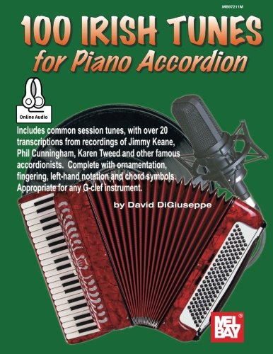 Sheet music cover: "100 Irish Tunes for Piano Accordion" with accordion image.