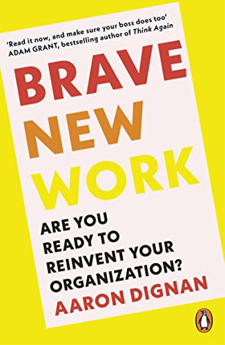 Book cover with bold red and yellow text: "Brave New Work" by Aaron Dignan.