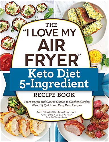 Cookbook cover featuring keto air fryer recipes and prepared food images.