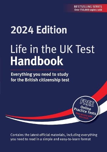 Blue “Life in the UK Test Handbook 2024” cover with a “Free Online Practice Tests” badge.