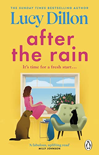 Book cover with a woman, dog, and cat by a window on yellow background.