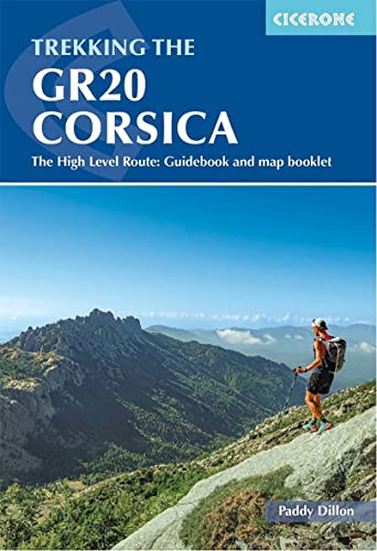 A guidebook cover showing a hiker on a rocky mountain trail in Corsica.