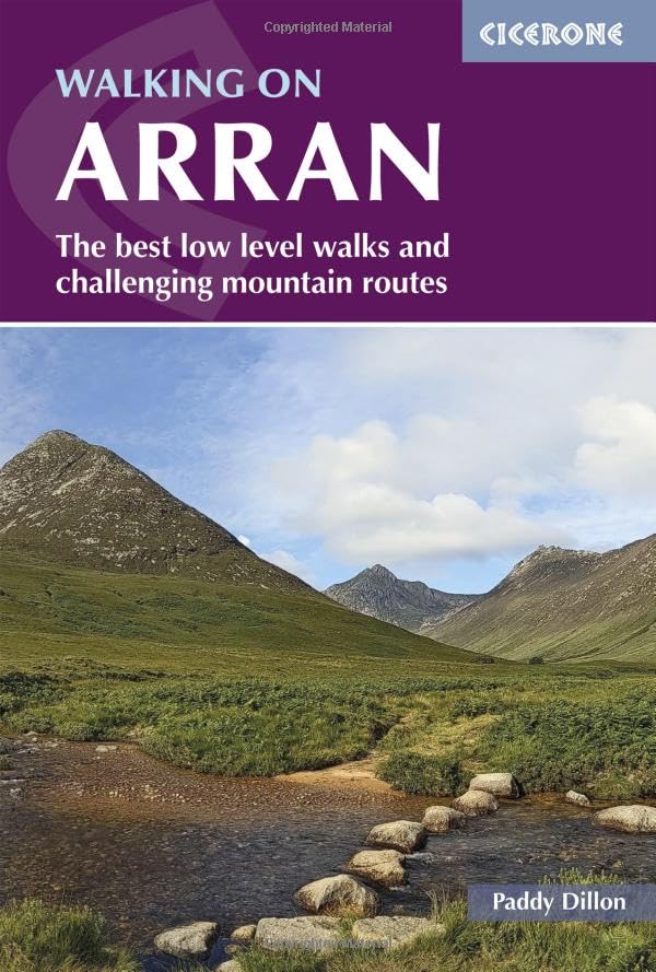 Book cover titled Walking on Arran showing a stream with stepping stones and mountains.