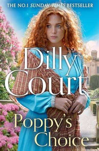 Book cover: red-haired woman in blue dress, garden background.