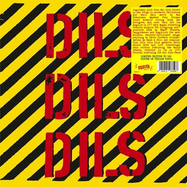 Yellow vinyl record cover with bold black "Dils" text and diagonal stripes.