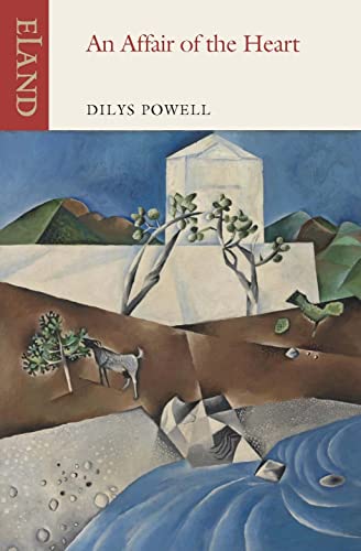 Book cover with abstract landscape painting of hills, buildings, and a dog.