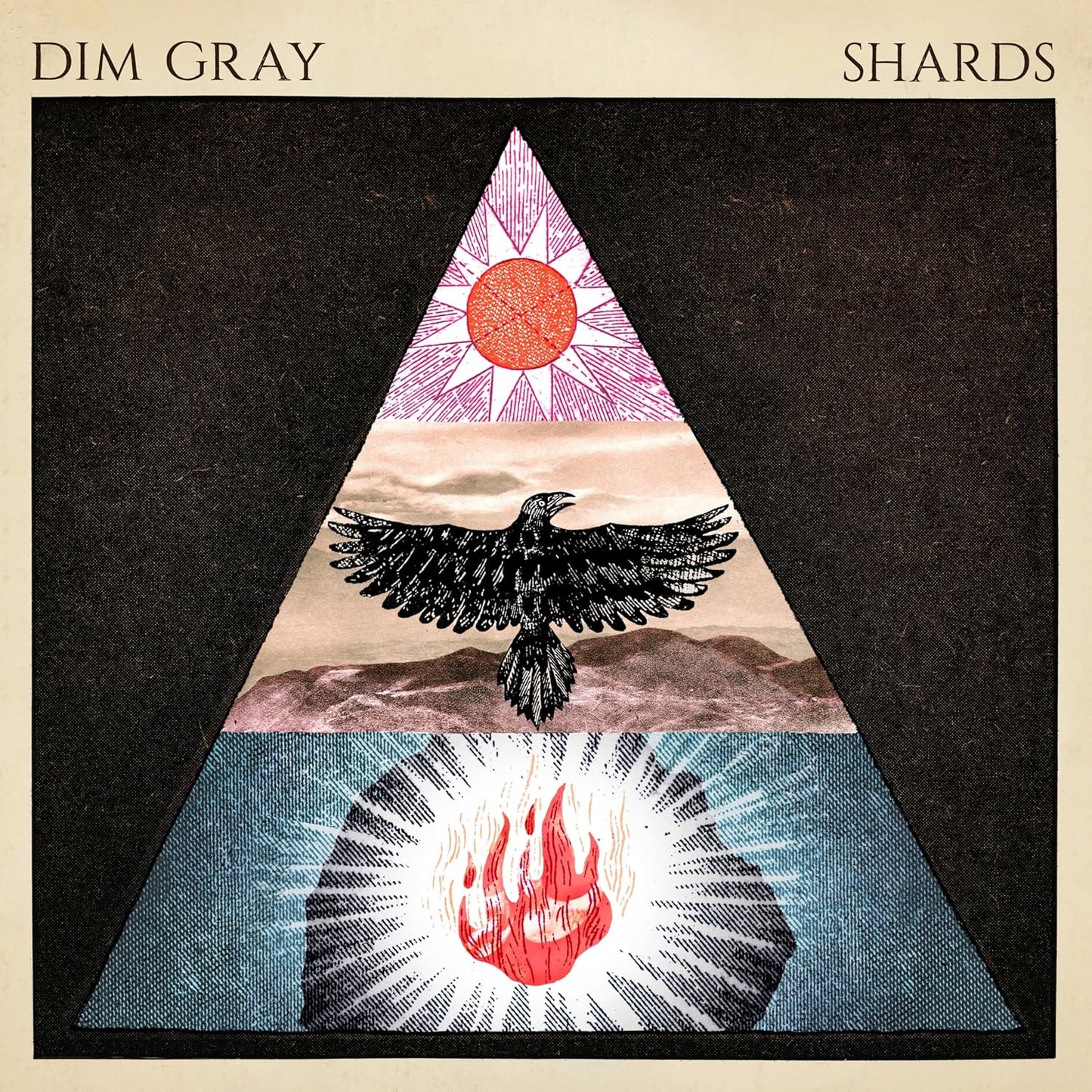 CD cover: triangle with sun, raven, water, and flames illustration.