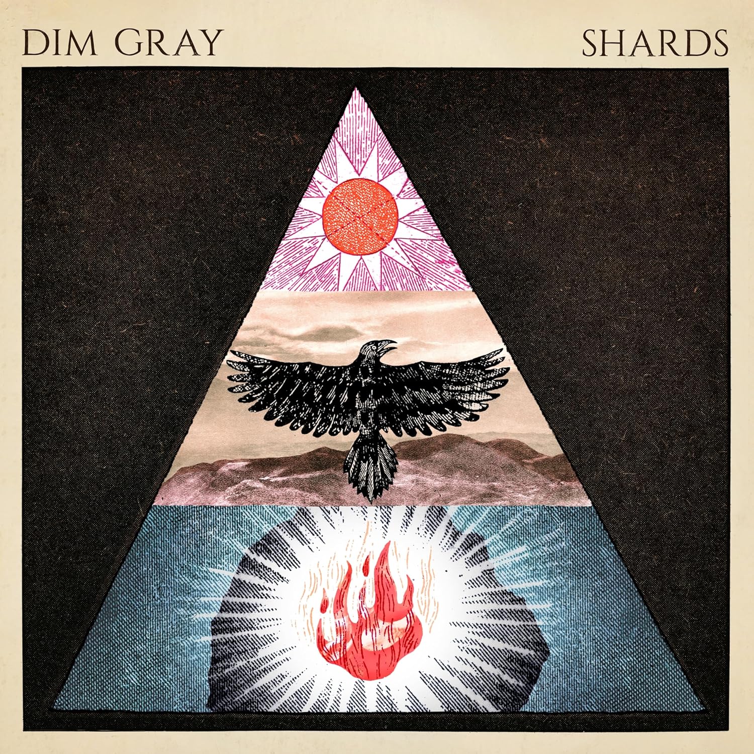 CD cover: triangle with sun, raven, water, and flames illustration.
