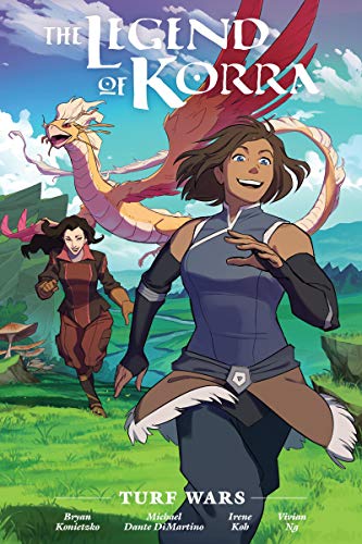 Comic book cover featuring Korra, Asami, and a large dragon in flight.