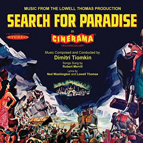 "Album cover for 'Search for Paradise' with mountain landscape and crowd illustration."