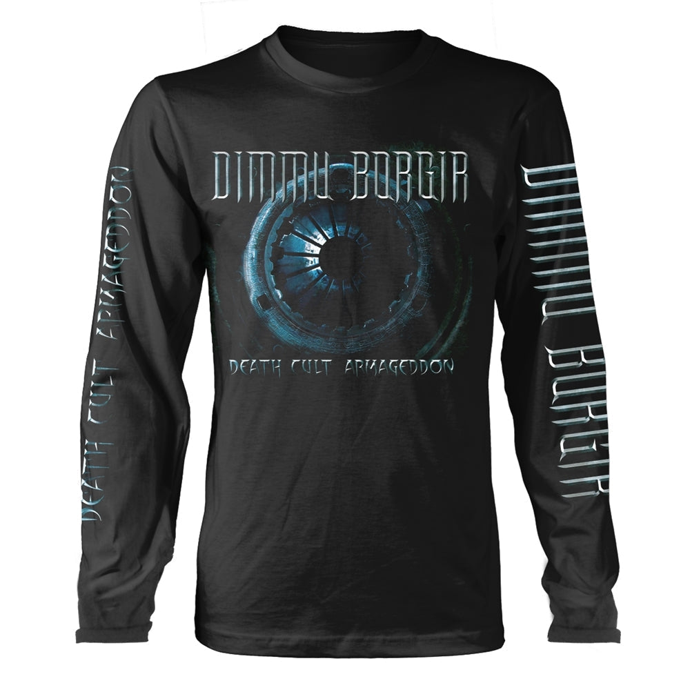 Black long-sleeve shirt with band logo and circular design.