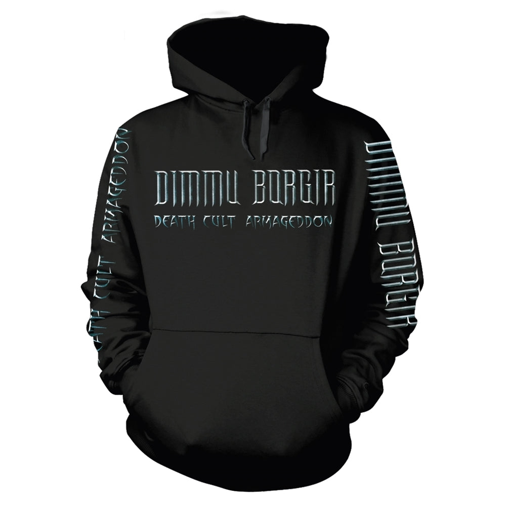 Black hooded sweatshirt with white "DIMMU BORGIR" and "DEATH CULT ARMAGEDDON" text.