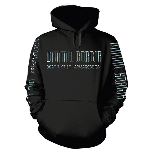 Black hooded sweatshirt with white "DIMMU BORGIR" and "DEATH CULT ARMAGEDDON" text.