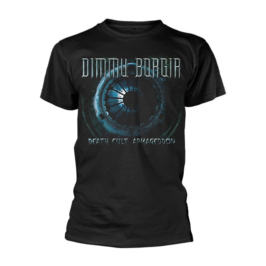 Black t-shirt with band logo and circular, dark-toned artwork.