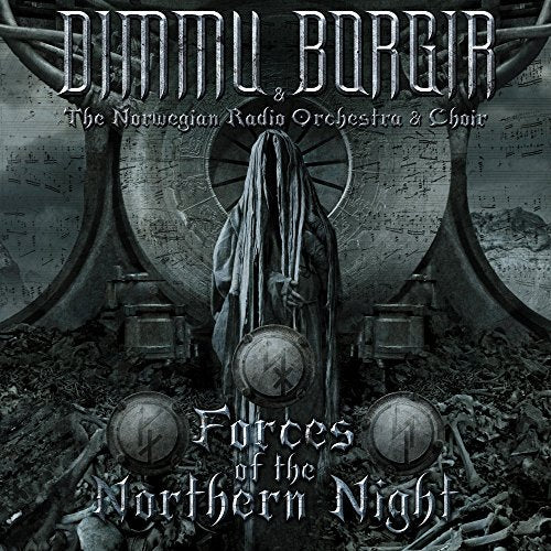 Dimmu Borgir album cover: hooded figure before a stone archway.