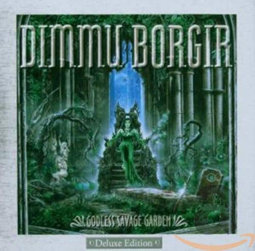 Dimmu Borgir album cover: a figure in a dark, overgrown garden.