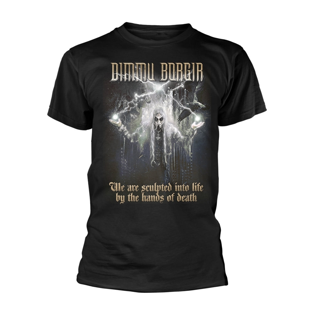 Black t-shirt with Dimmu Borgir band logo and skeletal figure design.