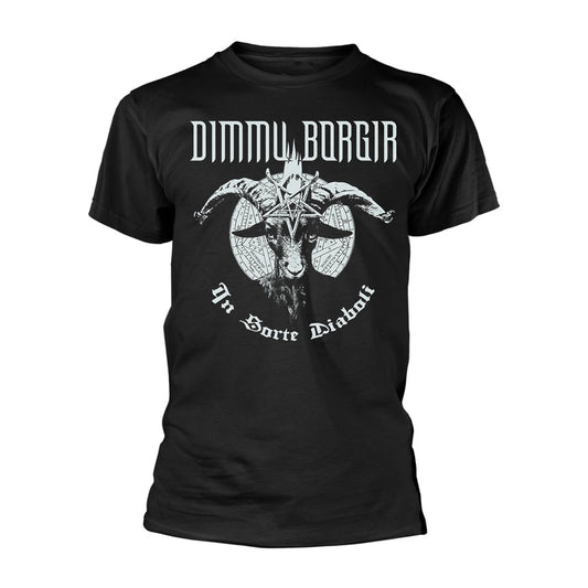 Black t-shirt with white gothic lettering and a goat illustration.