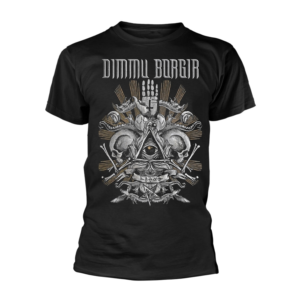 Black t-shirt featuring Dimmu Borgir text and a graphic of skulls and occult symbols.