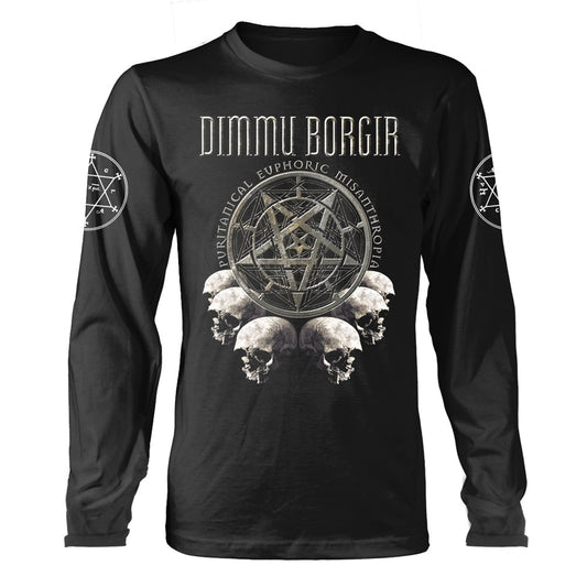 Black long-sleeve shirt with band logo, skulls, and pentagram design.