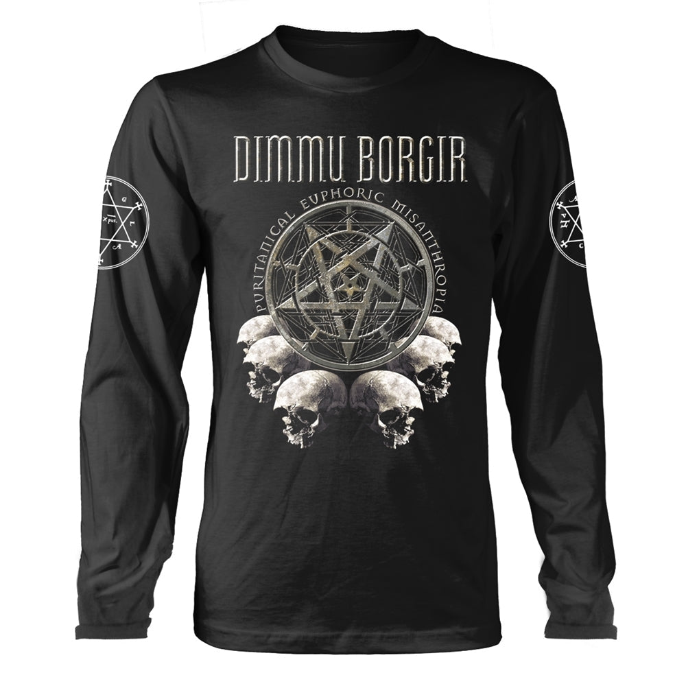 Black long-sleeve shirt with band logo, skulls, and pentagram design.