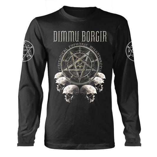 Black long-sleeve shirt with band logo, skulls, and pentagram design.