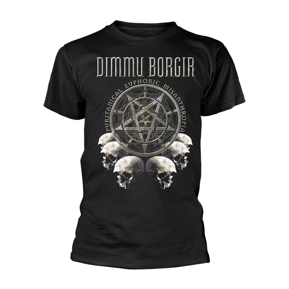Black t-shirt with band logo, pentagram, and skull imagery.