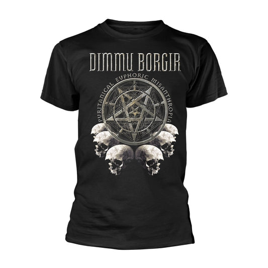 Black t-shirt with band logo, pentagram, and skull imagery.