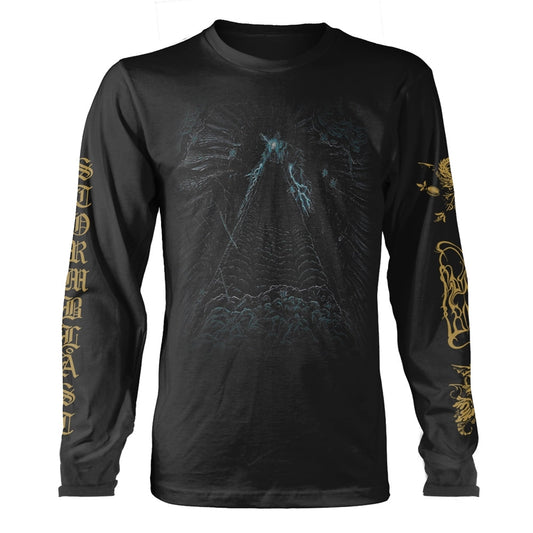 Black long-sleeved t-shirt with ornate, stormy artwork and band lettering.