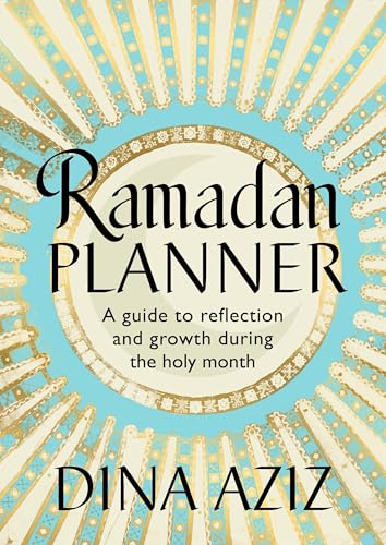 Ramadan Planner book cover with gold sunburst design and script text.
