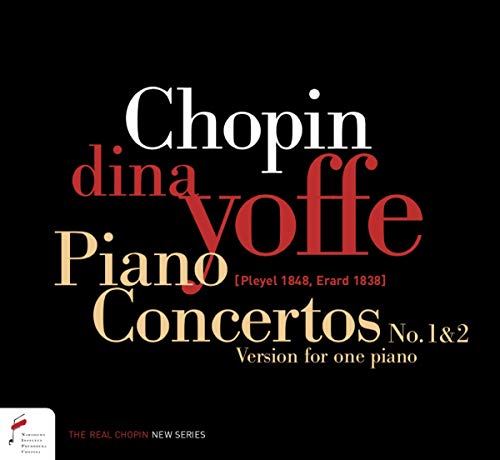 "Black album cover with 'Chopin dina yoffe Piano Concertos' text in white, red, and gold."