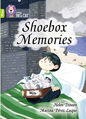 Book cover: boy with letters and a shoebox, city background.