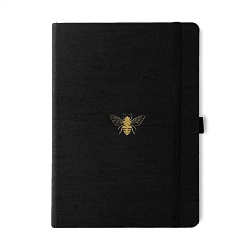 Black B5 notebook with a gold bee emblem on the cover and elastic closure.