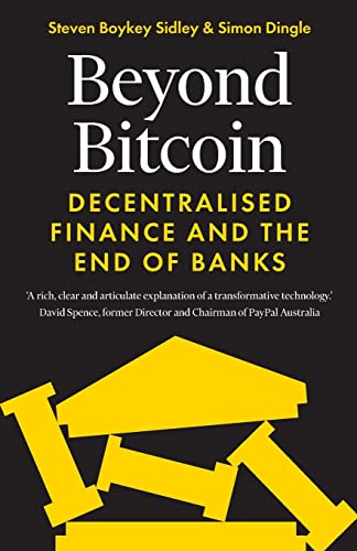 Book cover: “Beyond Bitcoin” with yellow geometric shapes on black.