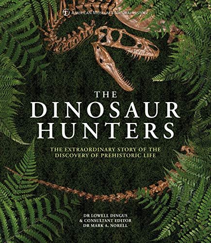 Book cover: "The Dinosaur Hunters" with dinosaur skull and ferns.