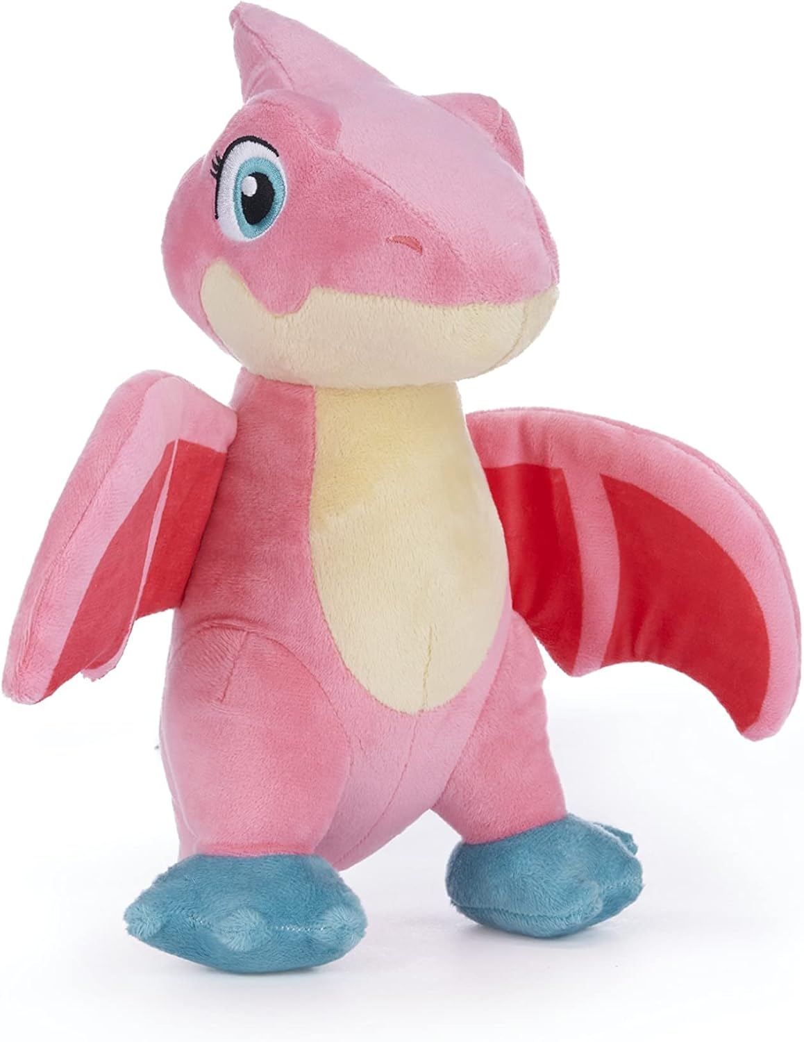Pink plush pterodactyl toy with blue feet and a cream-colored belly.