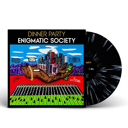 Dinner Party vinyl record with colorful cityscape and hand illustration.