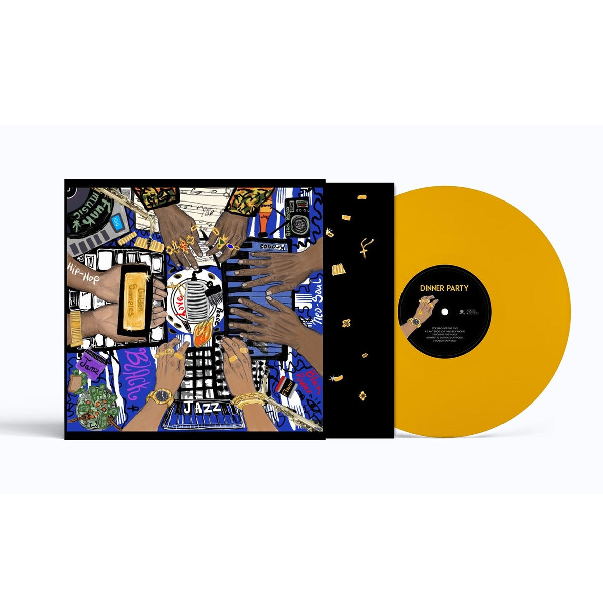 Yellow vinyl record with colorful collage album cover depicting hands and text.