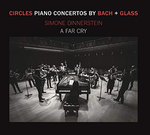 CD cover: Simone Dinnerstein with orchestra at a grand piano.