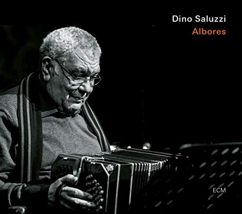 "Album cover featuring a black-and-white photo of a man playing an accordion."