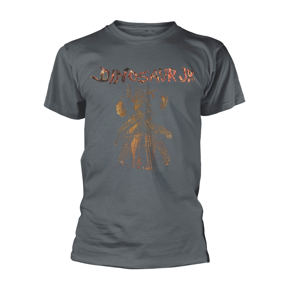 Charcoal t-shirt with orange and red Dinosaur Jr. bug logo graphic.