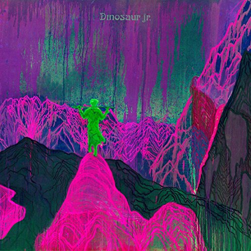Album cover: vibrant pink and green abstract landscape with a figure.
