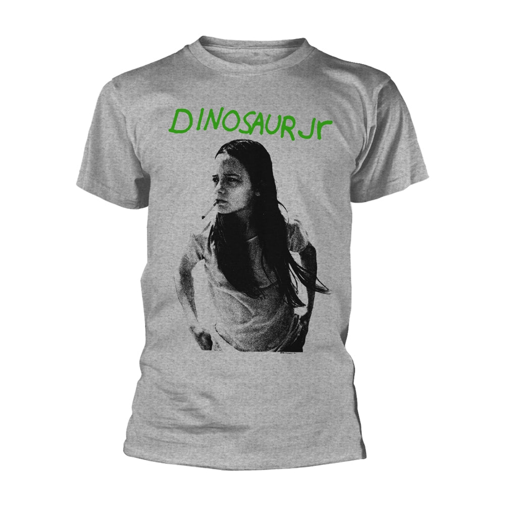 Grey t-shirt with a black and white portrait and green text.
