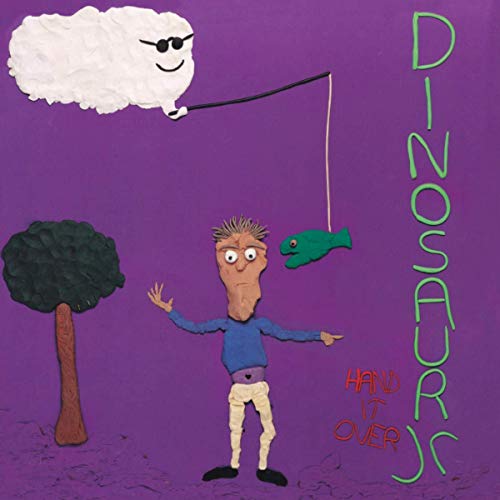Dinosaur Jr. album cover: cartoon figures fishing on purple background.