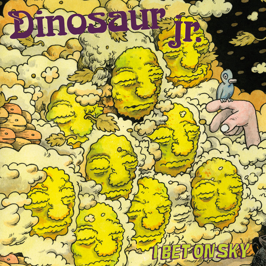 Dinosaur Jr. album cover, illustrated clouds with dinosaurs and a bird.