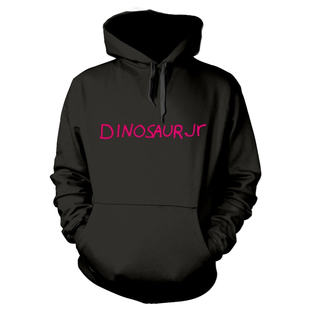Black hoodie with pink "Dinosaur Jr" logo worn by a man.